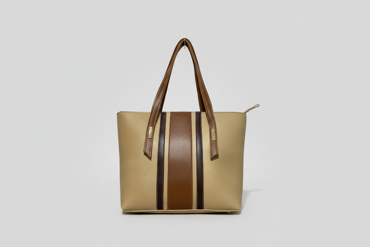 Tan Statement Tote Bag with Black Stripe (Long Shoulder Handles)