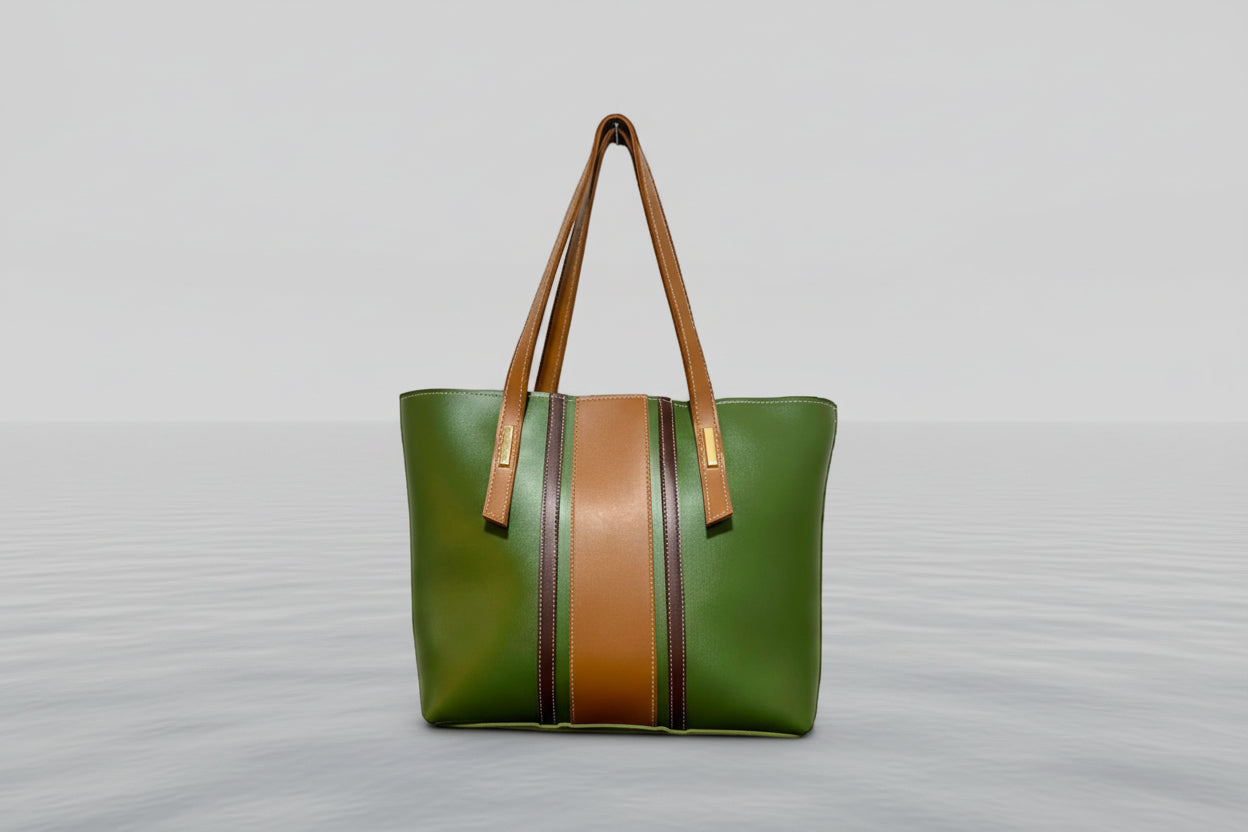 Tan Statement Tote Bag with Black Stripe (Long Shoulder Handles)
