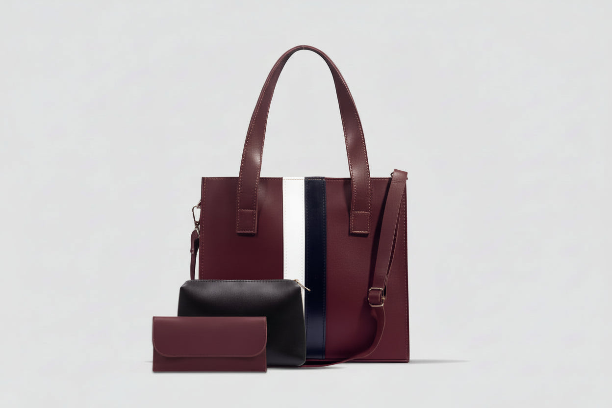 Maroon 3-Piece Tote Set with Stripe Detail (Bag + Pouch + Wallet)