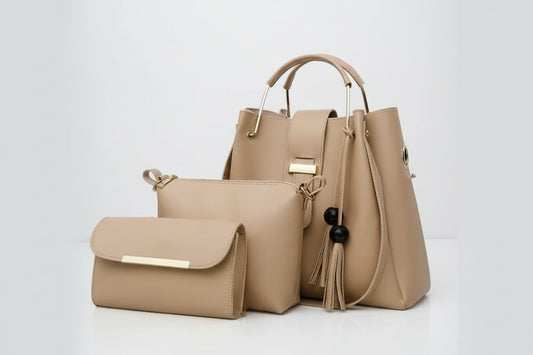 Pink 3-Piece Bag Set (Bucket Bag + Pouch + Chain Wallet) with Tassel Charm