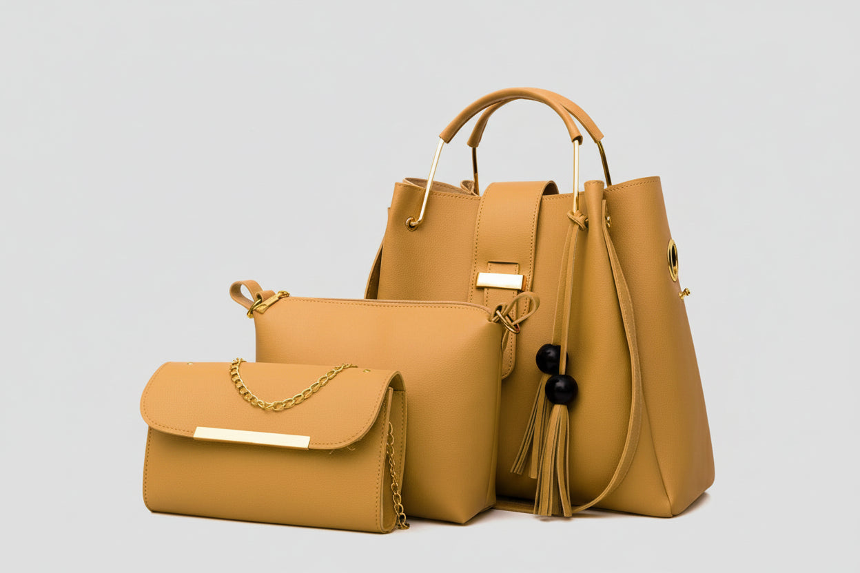 Pink 3-Piece Bag Set (Bucket Bag + Pouch + Chain Wallet) with Tassel Charm