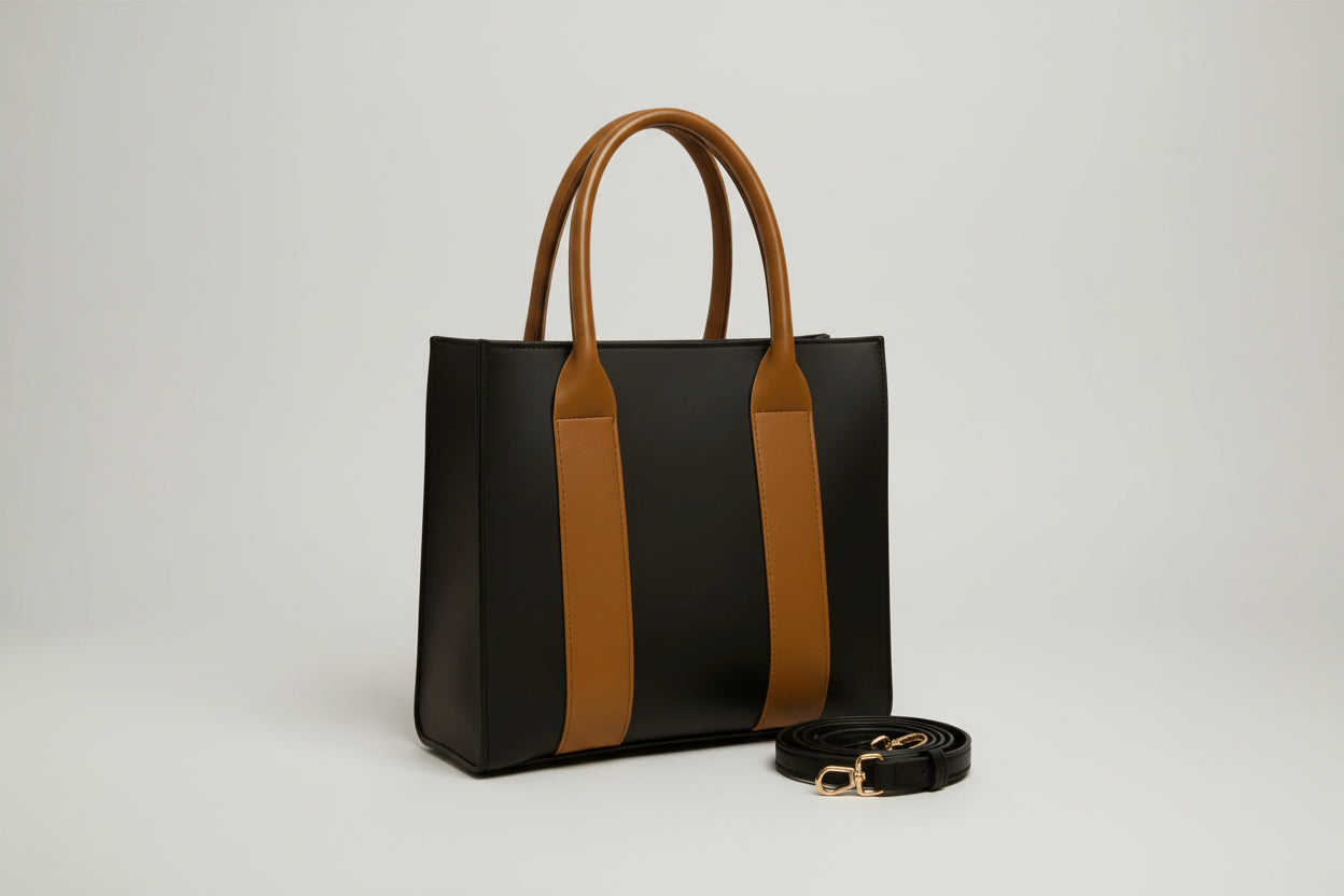 Black & Tan Structured Tote Bag (Top Handle + Detachable Strap)