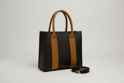 Black & Tan Structured Tote Bag (Top Handle + Detachable Strap)