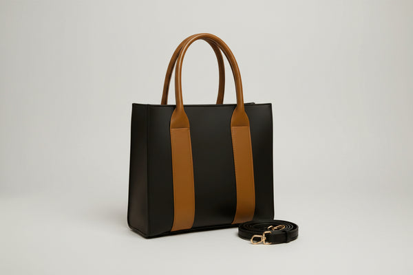 Black & Tan Structured Tote Bag (Top Handle + Detachable Strap)