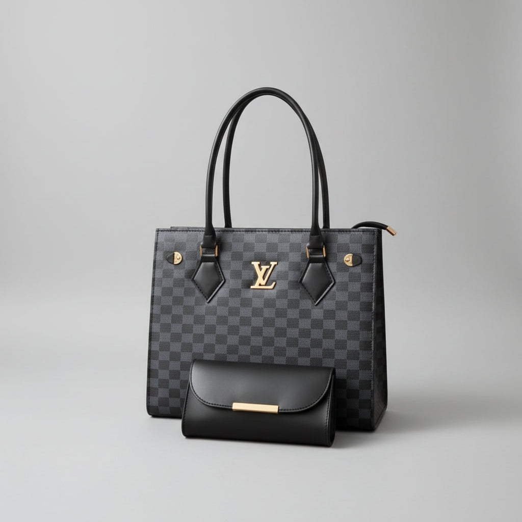 Brown Checkered Tote Set (Bag + Matching Wallet) with Gold Accent