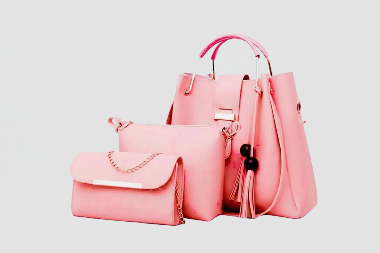 Pink 3-Piece Bag Set (Bucket Bag + Pouch + Chain Wallet) with Tassel Charm