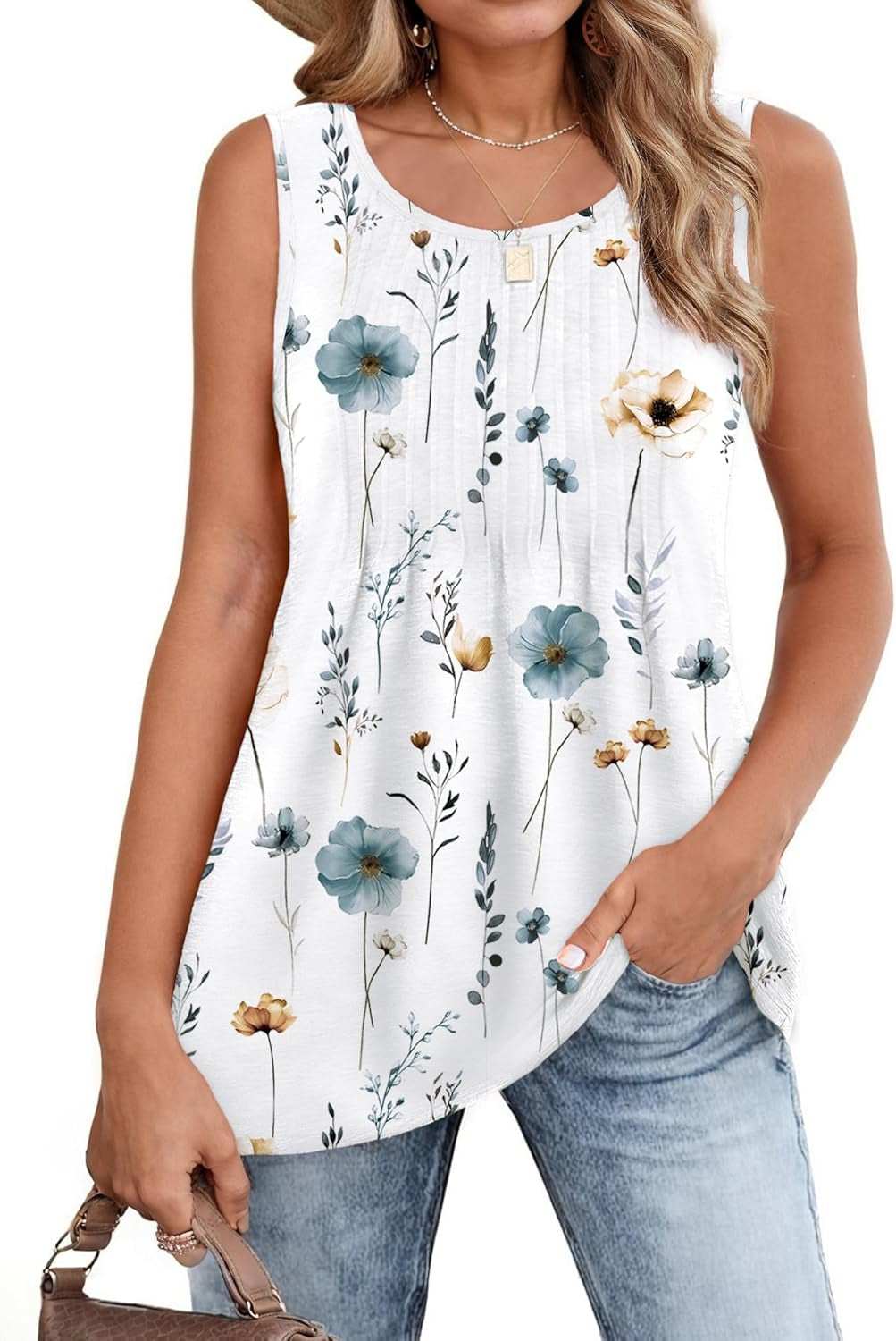 Women'S Summer Tank Tops 2025 Pleated Crew Neck Floral Solid Loose Fit Casual Sleeveless Flowy Boho Tunic Shirts