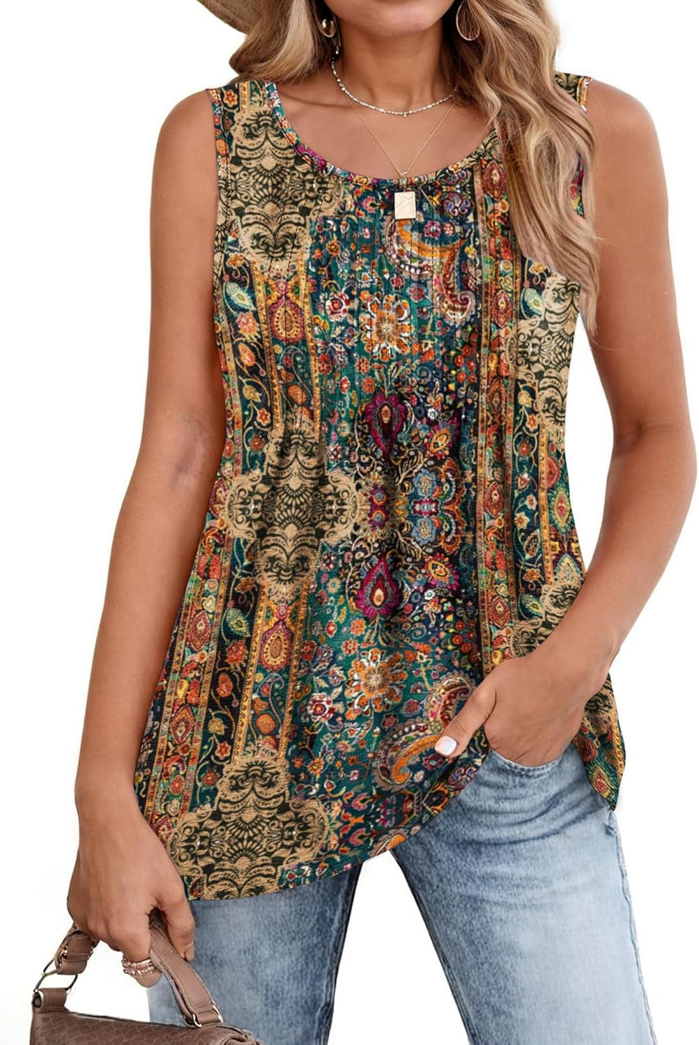 Women'S Summer Tank Tops 2025 Pleated Crew Neck Floral Solid Loose Fit Casual Sleeveless Flowy Boho Tunic Shirts