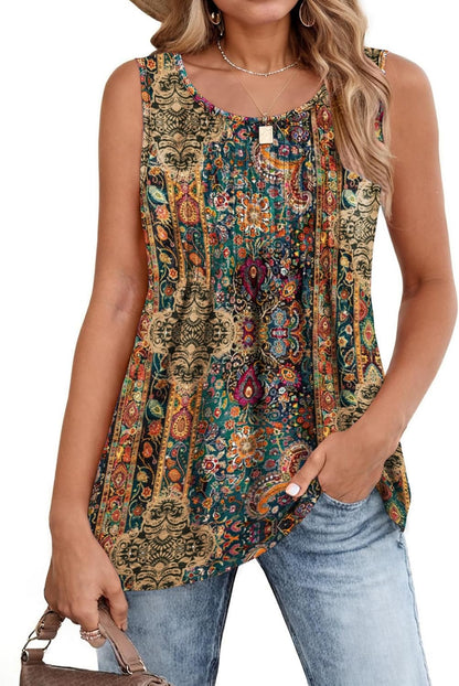 Women'S Summer Tank Tops 2025 Pleated Crew Neck Floral Solid Loose Fit Casual Sleeveless Flowy Boho Tunic Shirts