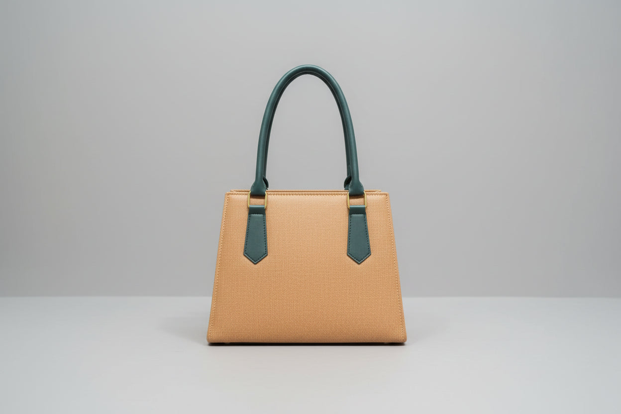 Beige Textured Shoulder Tote Bag with Black Handles (Gold Hardware)