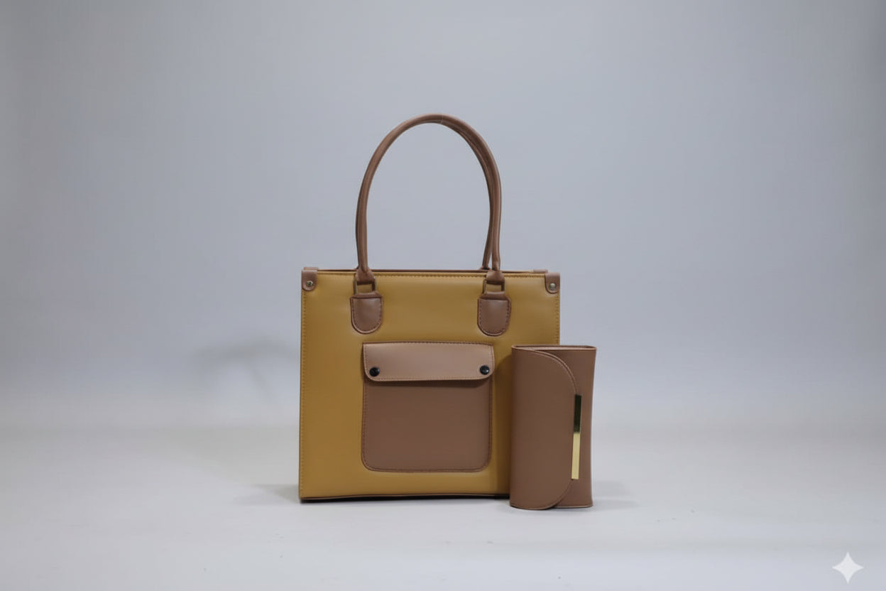 Cream & Tan Office Tote Set (Bag + Matching Wallet) with Shoulder Strap