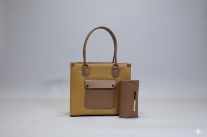 Cream & Tan Office Tote Set (Bag + Matching Wallet) with Shoulder Strap