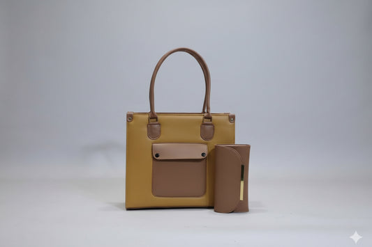 Cream & Tan Office Tote Set (Bag + Matching Wallet) with Shoulder Strap