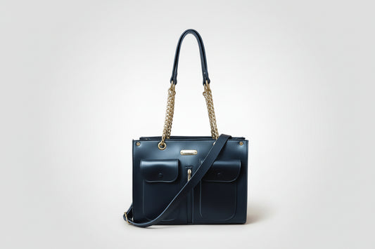 Black Chain-Handle Shoulder Bag with Front Pockets (With Crossbody Strap)