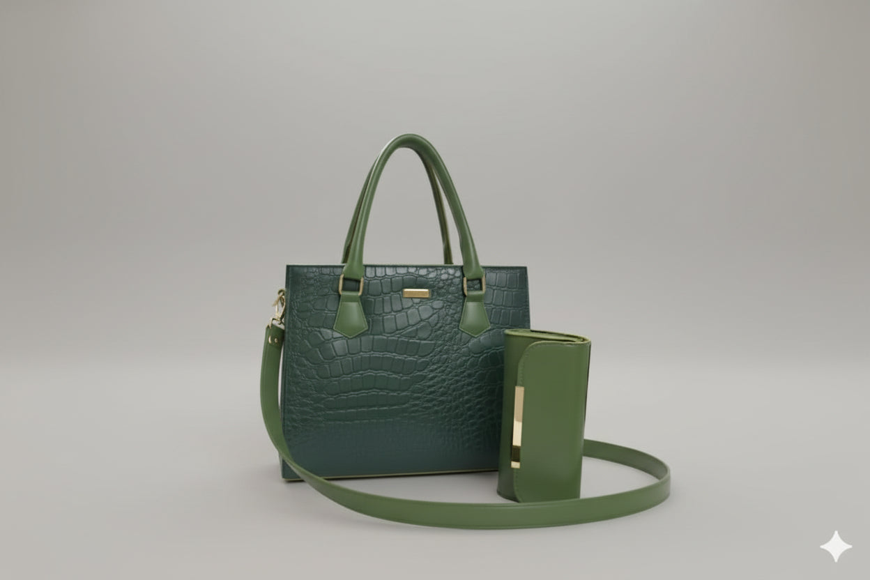 Luxury Black Croc-Embossed Tote Set (Bag + Matching Wallet) with Strap