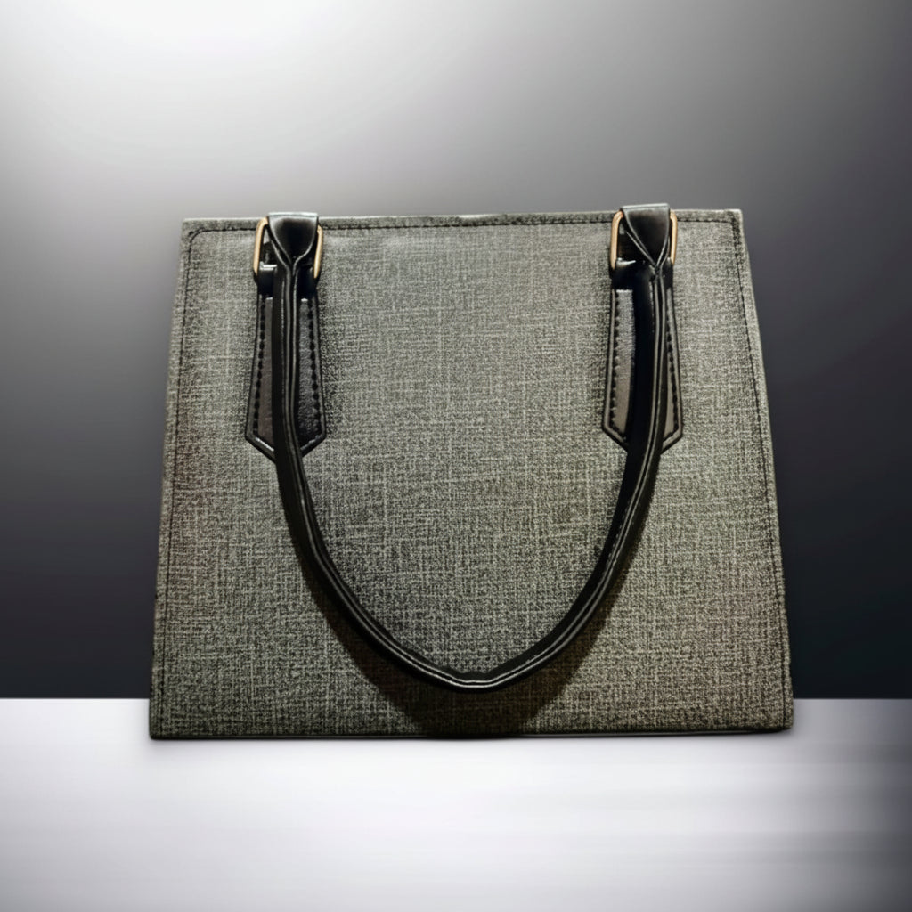 Beige Textured Shoulder Tote Bag with Black Handles (Gold Hardware)