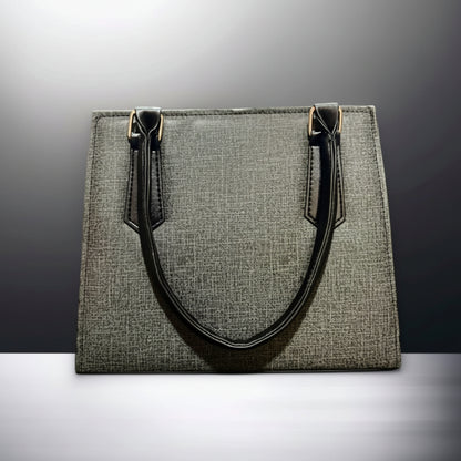 Beige Textured Shoulder Tote Bag with Black Handles (Gold Hardware)