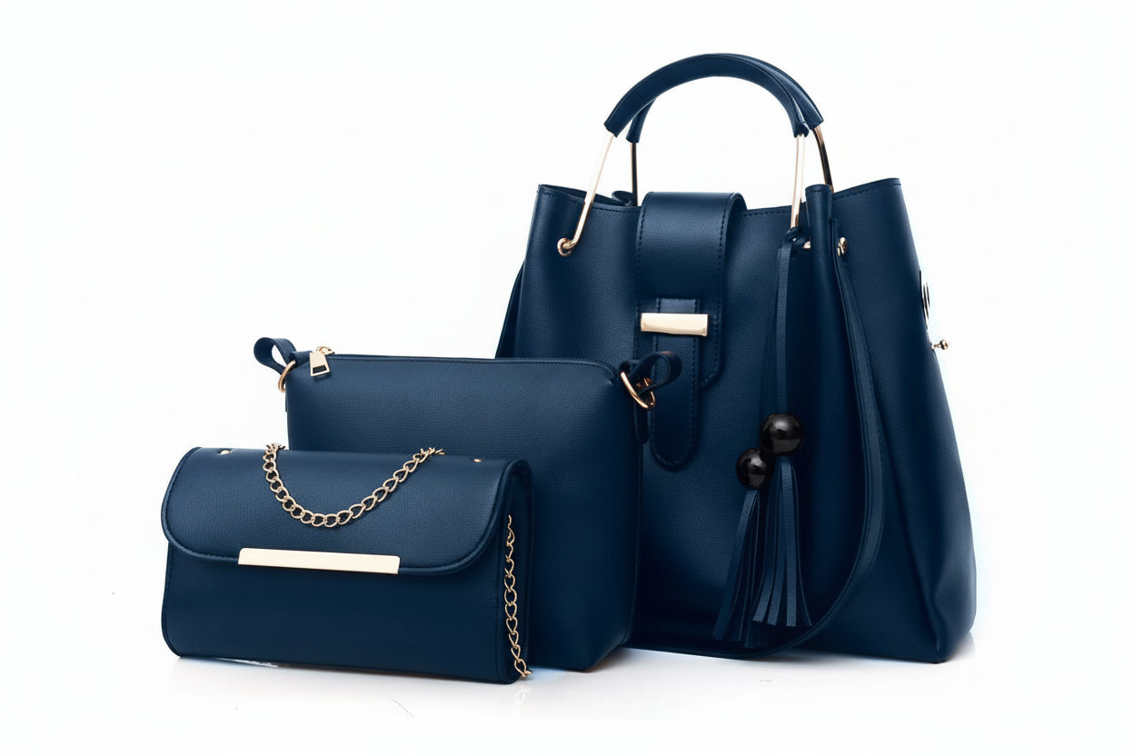 Pink 3-Piece Bag Set (Bucket Bag + Pouch + Chain Wallet) with Tassel Charm